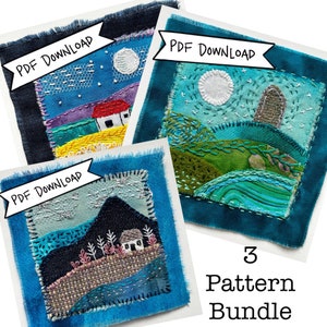 May include: A set of three digital embroidery patterns featuring a blue, green, and purple landscape with a house, a mountain, and a stone archway. The patterns are available for instant download as PDFs. "3 Pattern Bundle" is written in black text at the bottom of the image.