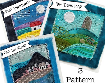 May include: A set of three digital embroidery patterns featuring a blue, green, and purple landscape with a house, a mountain, and a stone archway. The patterns are available for instant download as PDFs. "3 Pattern Bundle" is written in black text at the bottom of the image.