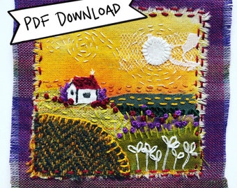 Puede incluir: Una obra de arte bordada colorida que representa una pequeña casa con un techo rojo en una colina con un cielo amarillo y nubes blancas. La obra está enmarcada con un borde de tela morado y el texto "PDF DOWNLOAD" está escrito en una pancarta blanca.