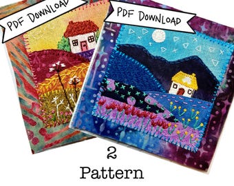 May include: Two colorful fabric art pieces with embroidered landscape scenes. One features a red-roofed house, the other a yellow-roofed house under a moonlit sky. Both have "PDF DOWNLOAD" banners and text that reads "2 Pattern Bundle".