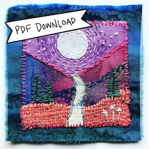 May include: A hand-stitched fabric art piece depicting a night scene with a full moon, a white path leading up a hill, and two green trees on either side of the path. The background is a purple and pink gradient with gold and white accents.