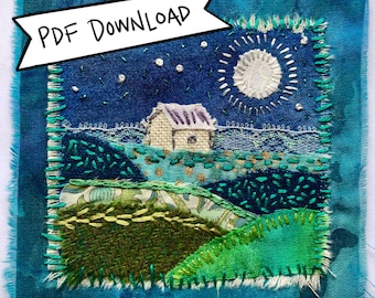 Puede incluir: Pieza de arte textil bordada que representa una escena nocturna con luna llena y estrellas. Una pequeña casa se encuentra en un paisaje de colinas verdes y azules. El texto "PDF DOWNLOAD" se muestra en una pancarta blanca.