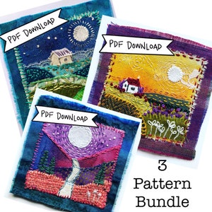 May include: Three digital embroidery patterns for download. Each pattern features a different landscape scene with a house, moon, and stars. The patterns are perfect for stitching on fabric.