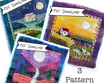 May include: Three digital embroidery patterns for download. Each pattern features a different landscape scene with a house, moon, and stars. The patterns are perfect for stitching on fabric.