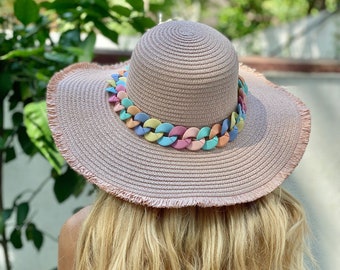 Summer Straw Hat With Coloured Chain, Pink Sun Hat, Beach Hat, Girls Hat, Hat for Women