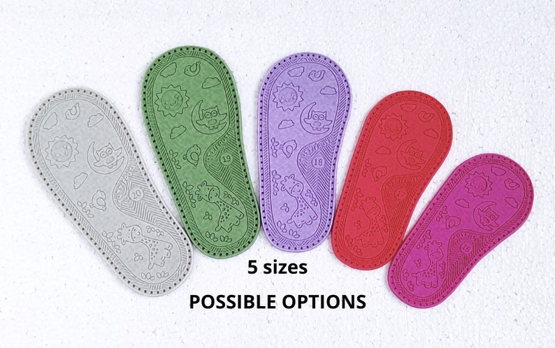 May include: Five different coloured leather baby shoe soles with a sun, moon, and owl design. The soles are available in five sizes.