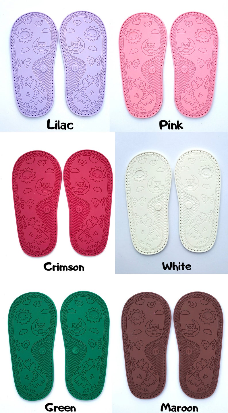 May include: Six pairs of baby shoe soles in different colors: lilac, pink, crimson, white, green, and maroon. Each sole has a design of a sun, moon, owl, and giraffe. The soles are all size 18.
