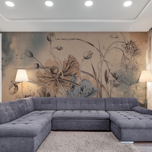 Extra large herbs wallpaper mural, removable poppies wall mural, self adhesive floral wallpaper, neutral bedroom peel and stick wall mural