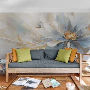 Floral wallpaper, abstract flowers wall mural, blue flower wallpaper peel stick, 3d effect peel and stick wallpaper, removable bedroom mural