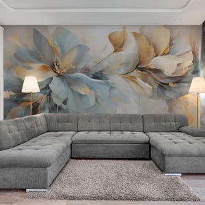Flowers wallpaper, blue gold wall mural peel stick, floral self adhesive wallpaper, giant botanical wall mural, temporary wallpaper bedroom