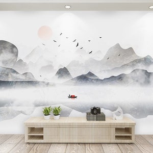 Asian mountains wallpaper peel and stick wall mural, japanese light gray wallpaper for living room, bedroom, kitchen