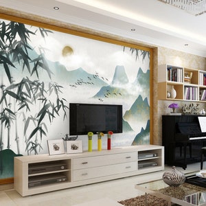 Japanese wallpaper peel and stick wall mural, asian wallpaper, mountain wall sticker for living room, bedroom, kitchen image 2