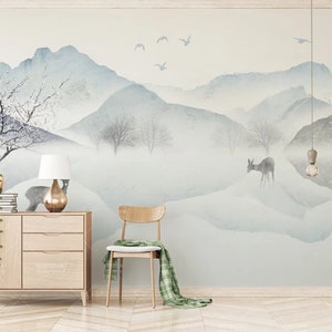 Asian mountains wallpaper peel and stick wall mural, japanese light gray wallpaper, sakura decal for living room, bedroom, kitchen