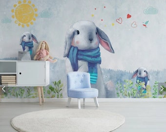 Hare wallpaper peel and stick wall mural, animal wallpaper, girls nursery wallpaper, kids room, baby boy wallpaper
