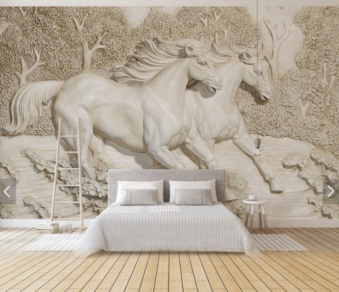 Horse Wallpaper, 3d Wall Mural Peel and Stick, Animal Wallpaper, Beige