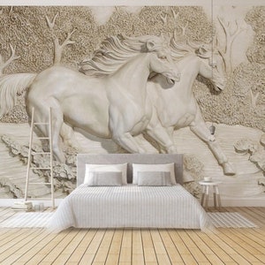 Horse wallpaper, 3d wall mural peel and stick, animal wallpaper, beige vinyl wallpaper, canvas wallpaper, accent wallpaper