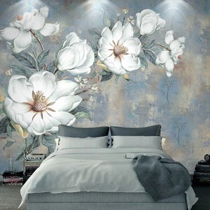 Large wall flower mural, boho flowers wallpaper peel and stick, floral wall mural, vinyl wallpaper, canvas wallpaper