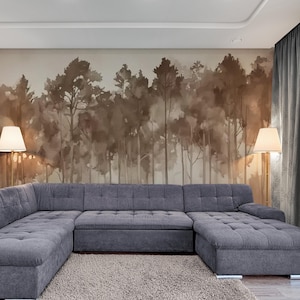 Forest wallpaper, woodland wallpaper, neutral peel and stick wall mural, trees wallpaper self adhesive, temporary bedroom wall mural