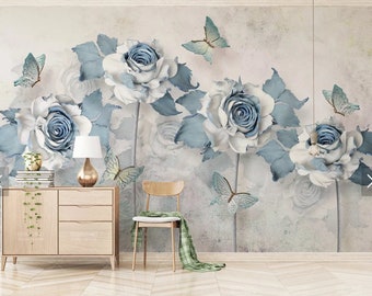 Flowers and butterflies wallpaper peel and stick mural leaves, floral wall mural, blue vinyl wallpaper, leaf canvas wallpaper