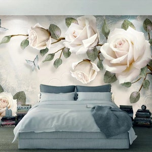 Rose wallpaper peel and stick 3d wall mural, large wall flower mural, flowers wallpaper, floral vinyl wallpaper, canvas wallpaper