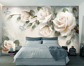 Rose wallpaper peel and stick 3d wall mural, large wall flower mural, flowers wallpaper, floral vinyl wallpaper, canvas wallpaper