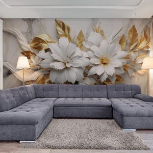 Floral wallpaper, 3d effect flowers wall mural, self adhesive white and gold wallpaper, botanical peel stick wall mural, bedroom wallpaper