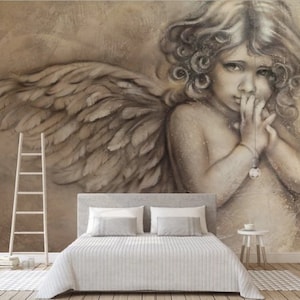 Extra large little angel self adhesive wallpaper, religious peel and stick wall mural, accentual Victorian canvas photo mural in beige