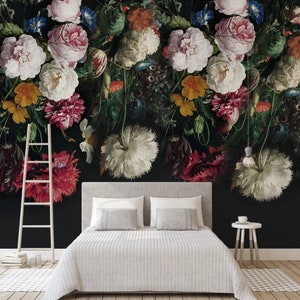 Peony wallpaper peel and stick, large wall flower mural, dark floral wallpaper, floral wall mural, vinyl wallpaper, canvas wallpaper