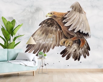 Giant eagle peel and stick wallpaper, accentual self adhesive wall mural with bird, removable animal wallcovering, living room wall decal