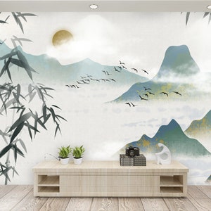 Japanese wallpaper peel and stick wall mural, asian wallpaper, mountain wall sticker for living room, bedroom, kitchen image 1