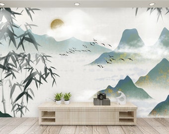 Japanese wallpaper peel and stick wall mural, asian wallpaper, mountain wall sticker for living room, bedroom, kitchen