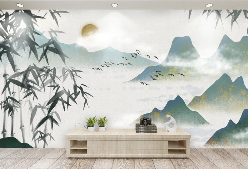 Japanese wallpaper peel and stick wall mural, asian wallpaper, mountain wall sticker for living room, bedroom, kitchen image 1