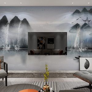 Asian wallpaper peel and stick wall mural, japanese wallpaper, mountain wall sticker for living room, bedroom, kitchen