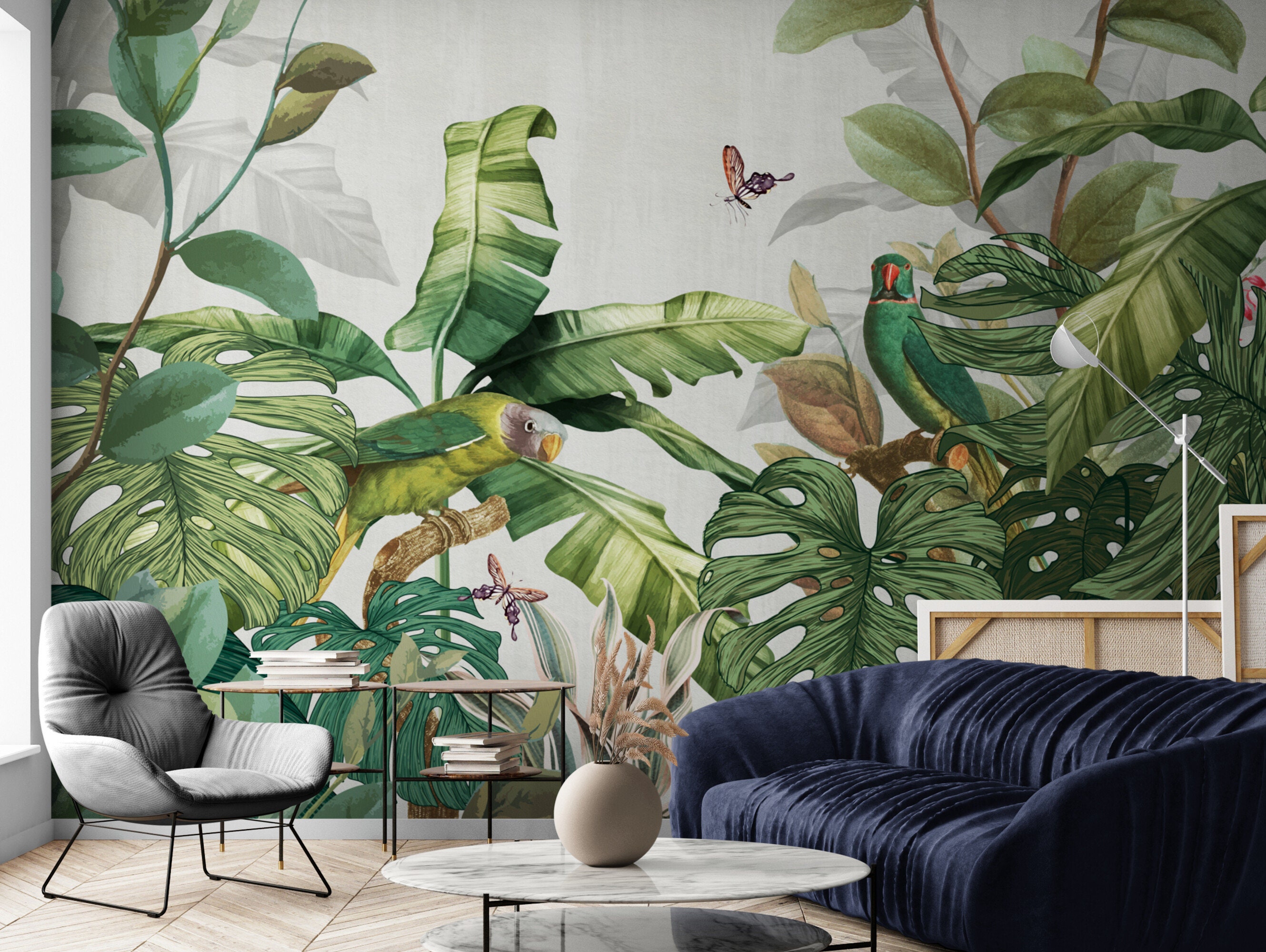 Tropical leaf wall mural, exotic wallpaper peel and stick, green modern vinyl wallpaper, luxury canvas wallpaper