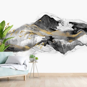 Abstract peel and stick wallpaper, extra large black gold wall mural, accentual wave wallpaper, removable canvas wallpaper, mountains mural