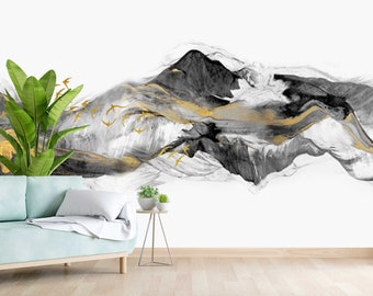 Abstract peel and stick wallpaper, extra large black gold wall mural, accentual wave wallpaper, removable canvas wallpaper, mountains mural