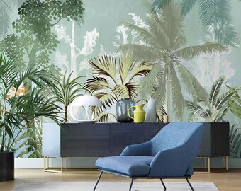 Palm tree wallpaper, exotic wallpaper peel and stick, tropical leaf wall mural, green modern vinyl wallpaper, luxury canvas wallpaper