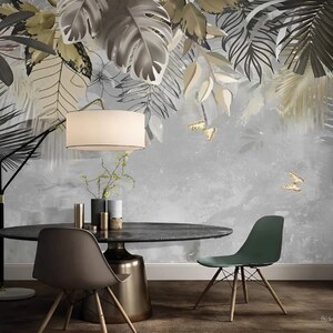 Herb wallpaper peel and stick tropical wall mural leaves, leaf wallpaper floral wall mural, botanical vinyl wallpaper, canvas wallpaper