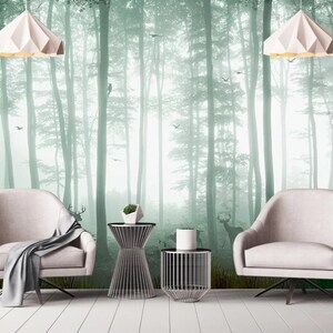 Forest wallpaper peel and stick wall mural, deer wallpaper, woodland mural decal, nature vinyl wallpaper, foggy forest canvas mural