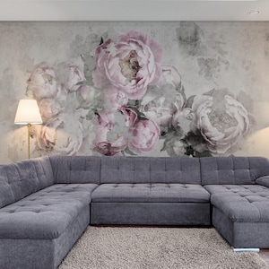 Peony wallpaper, floral wall mural peel and stick, large flowers wallpaper, self adhesive botanical wall mural, above bed bedroom wall decal