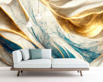 Abstract extra large wall mural, self adhesive 3D wallcovering, white blue gold wallpaper, removable marble wallpaper, accentual wallpaper
