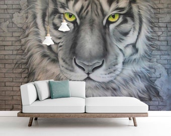 Tiger self adhesive wallpaper, animal peel and stick wall mural, accentual 3d wallcovering, temporary bedroom wallpaper, removable wallpaper