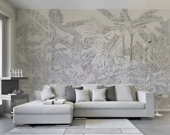 Palm tree wallpaper, exotic wallpaper peel and stick, tropical leaf wall mural, modern vinyl wallpaper, canvas wallpaper
