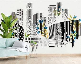 Extra large cityscape wall mural, abstract peel and stick wallpaper, self adhesive removable black white wallpaper, accentual wall decal