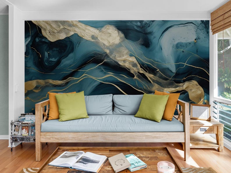 Buy Abstract Peel and Stick Wallpaper, Extra Large Blue and Gold Wall