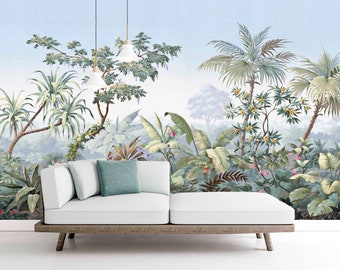 Large botanical wallpaper, self adhesive tropical wall mural, peel and stick trees wallcovering, accentual green wallpaper, removable mural