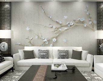 Blossom branch peel stick wallpaper, white flowers temporary wall mural, sakura self adhesive photo mural, large white canvas wall decal