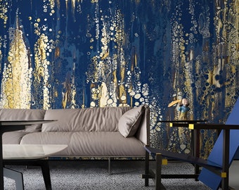 Gold and blue wallpaper, abstract wallpaper peel and stick wall mural, oversized wall mural, modern bedroom wallpaper