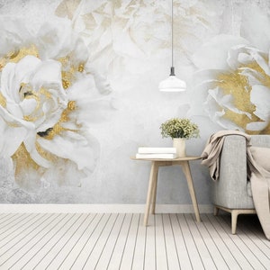 Peony wallpaper peel and stick, gold and white wallpaper, large wall flower mural, boho flowers wallpaper floral wall mural canvas wallpaper