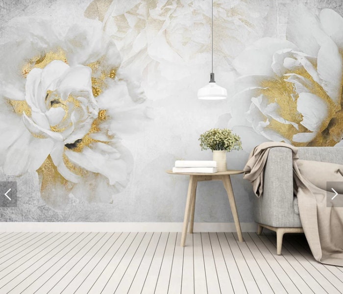 Peony wallpaper peel and stick, gold and white wallpaper, large wall flower mural, boho flowers wallpaper floral wall mural canvas wallpaper